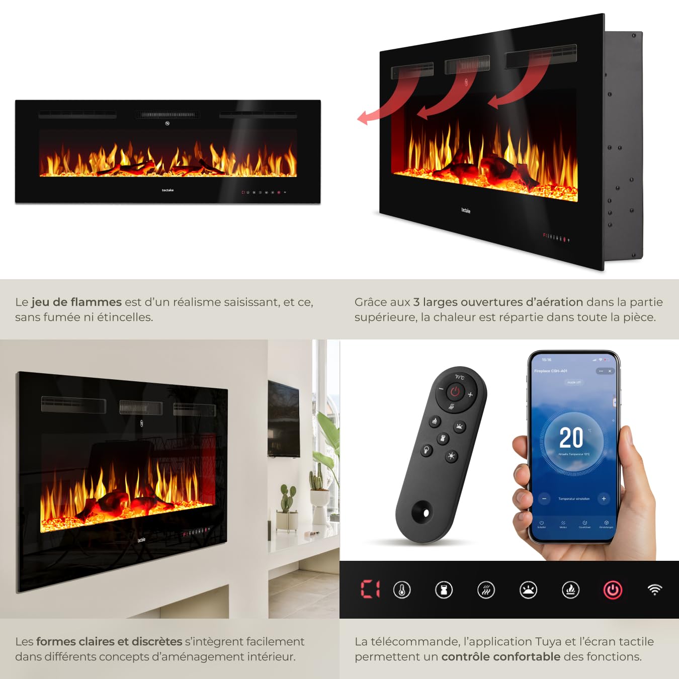 tectake® Cheminée électrique Murale 127 x 12 x 43 cm, 2 Niveaux de Chauffage 900 et 1800W, Cheminee Electrique Effet Flamme 3D, Télécommande, Application Mobile, Panneau Tactile, Cheminée Electrique