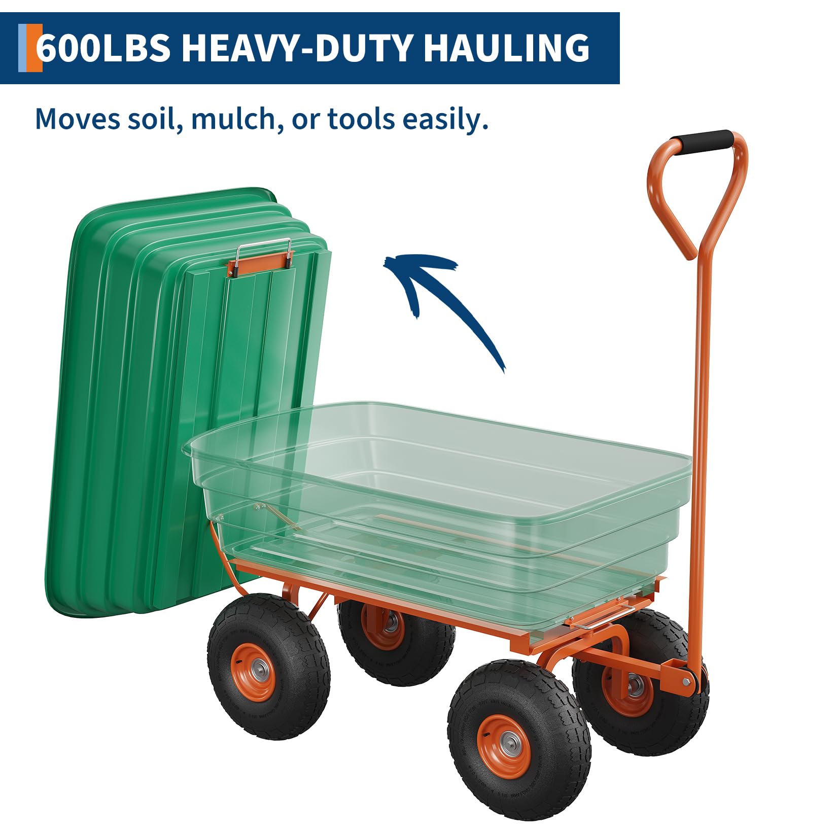 Gartenwagen 544 kg Tragkraft, Transportwagen mit Kippfunktion | 13 Zoll No-Flat Reifen, 198L PP-Kippmulde, 180° Verstellbarer Griff, Mehrzweck Schubkarre Für Outdoor, Pflanzen & Holzscheite