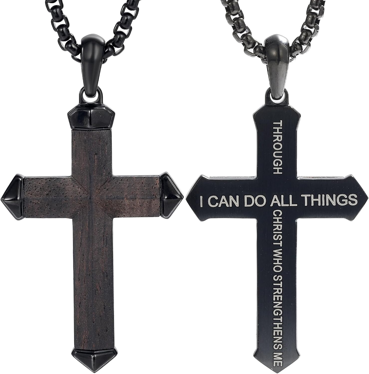 Wooden Cross Necklace for Men -Black Ebony Stainless Steel Adjustable Box Chain 24-26in, Spiritual Jewelry Gift for Him, Everyday Wear