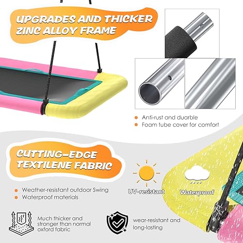 Miniatura 4 de Columpio de árbol de plataforma rectangular de 60 pulgadas para niños y adultos, columpio volador gigante con correa ajustable para colgar, tela de