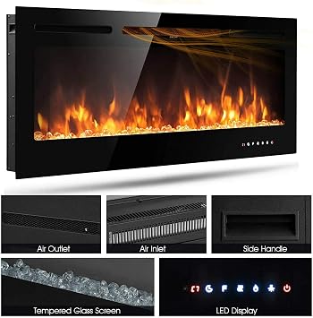 M.C.Haus Electric Fireplace Touch Screen Glass Panel Colorful Flame Insert Wall Mounted Heater Remote Control with Crystal&Log Set,900/1800W(102CM, Black)