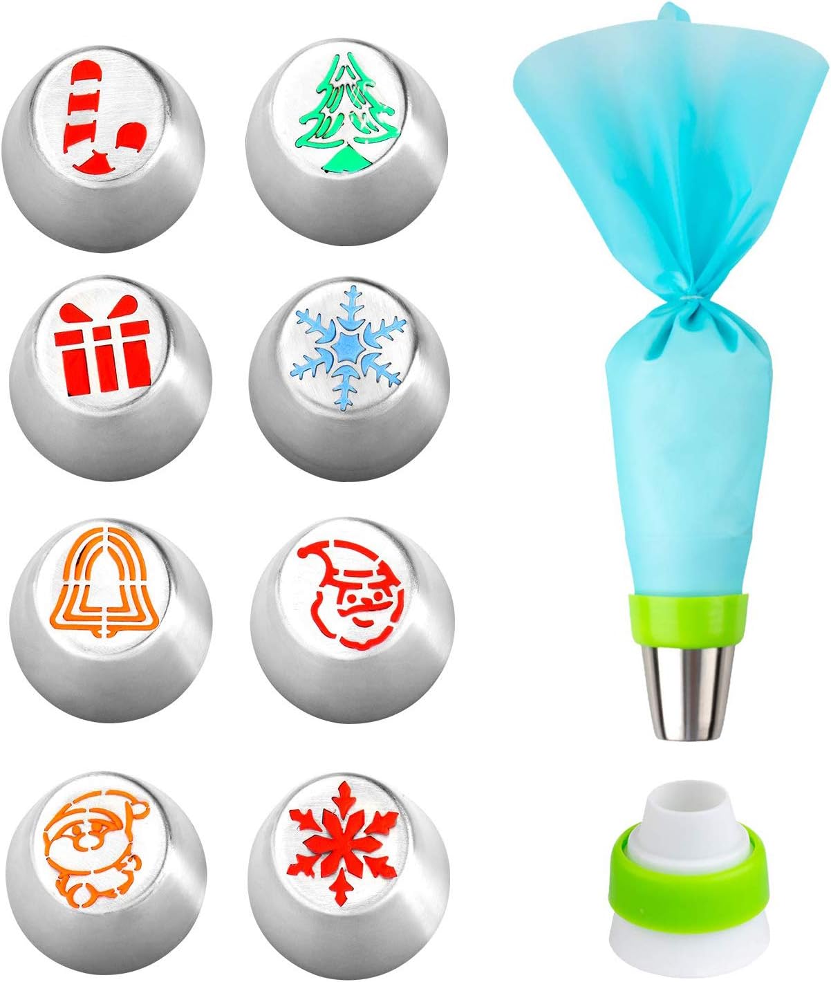 Russian Icing Piping Tips Pastry Baking Tools Kits Design 10pcs Set for Cakes Cupcakes Decorating Include 8 Pcs Icing Nozzles, 1 Coupler and Pastry Bags