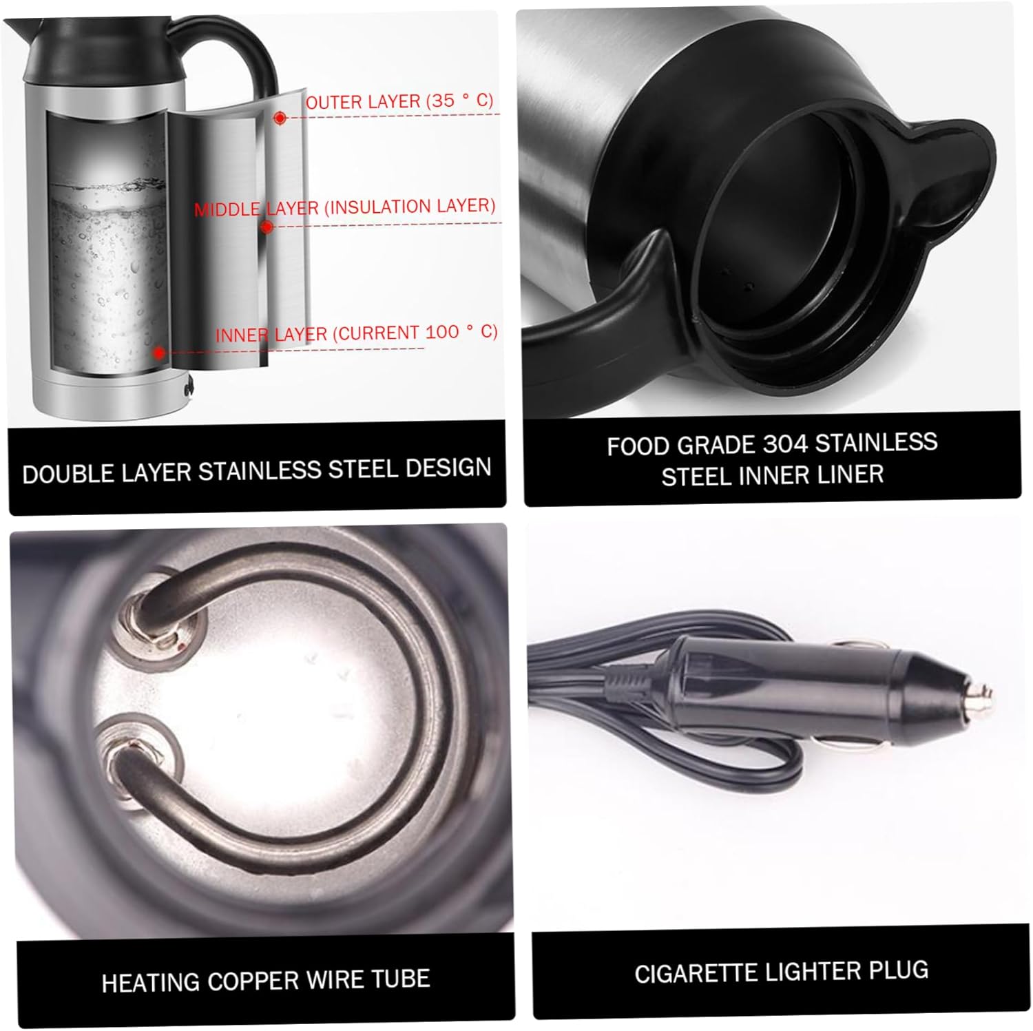 12 Volt Water Heater, Car Kettle, 750Ml Stainless Steel Portable Electric Kettle, Heat Insulation ＆ Anti-Scalding, 12V/24V Hot Water Maker for Tea, Coffee, Milk, Portable Electric