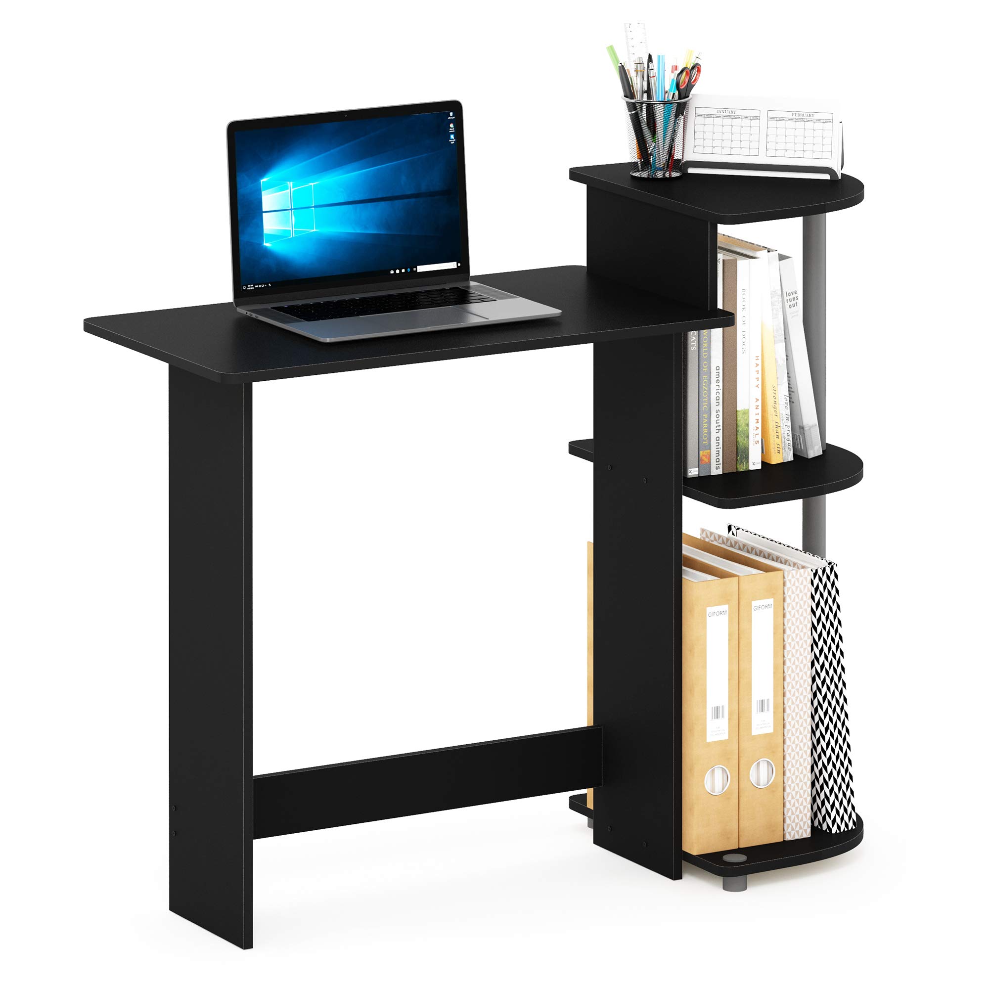 Furinno Compact Computer Desk, Study Desk with Shelves, Black/Grey