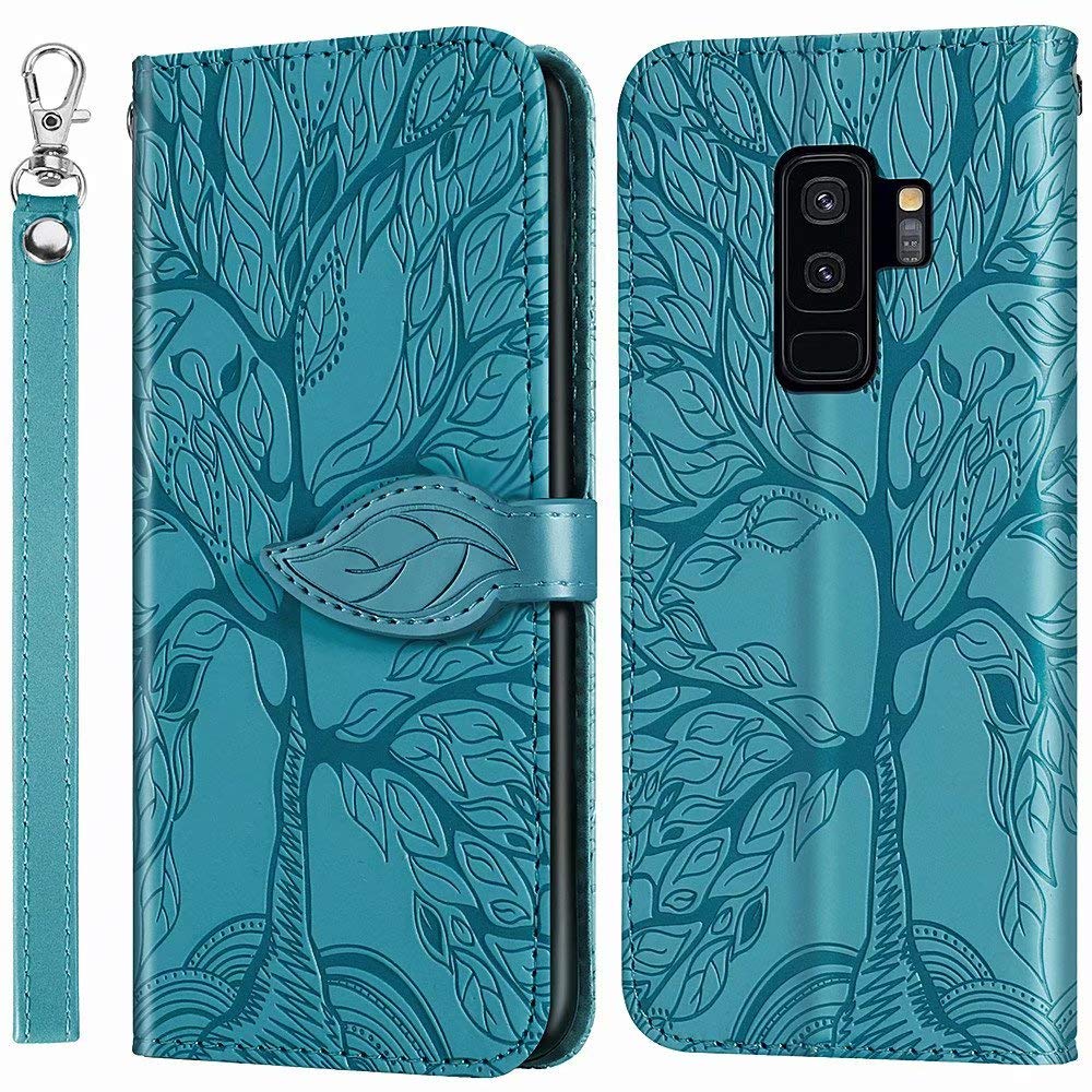 MEUPZZK Wallet Case for Samsung Galaxy S9 Plus, Embossed Tree Premium PU Leather [Folio Flip][Kickstand][Card Slots][Wrist Strap][6.2 inch] Phone