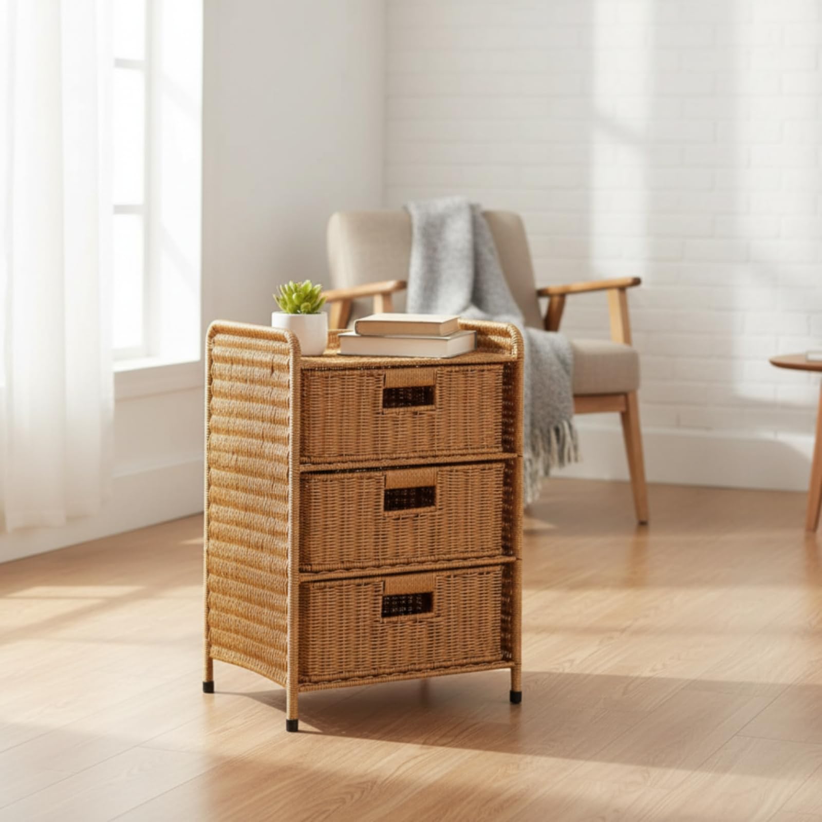 Comodino con Cassetti Facile da Pulire Mobile in Finto Rattan Moderna Comodino Intrecciato per Soggiorno