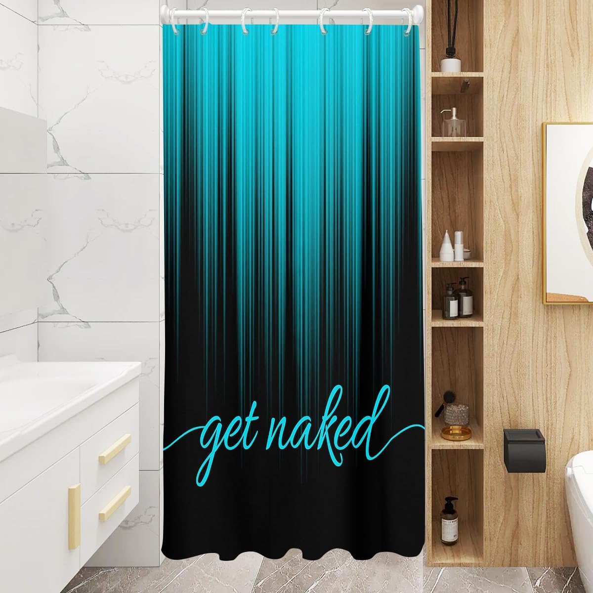 AAtter Teal and Black Shower Curtain Get Naked Turquoise Bright Aqua Stall Small Single Walk in Half Size Dorm Standing Narrow Stand Up RV Home