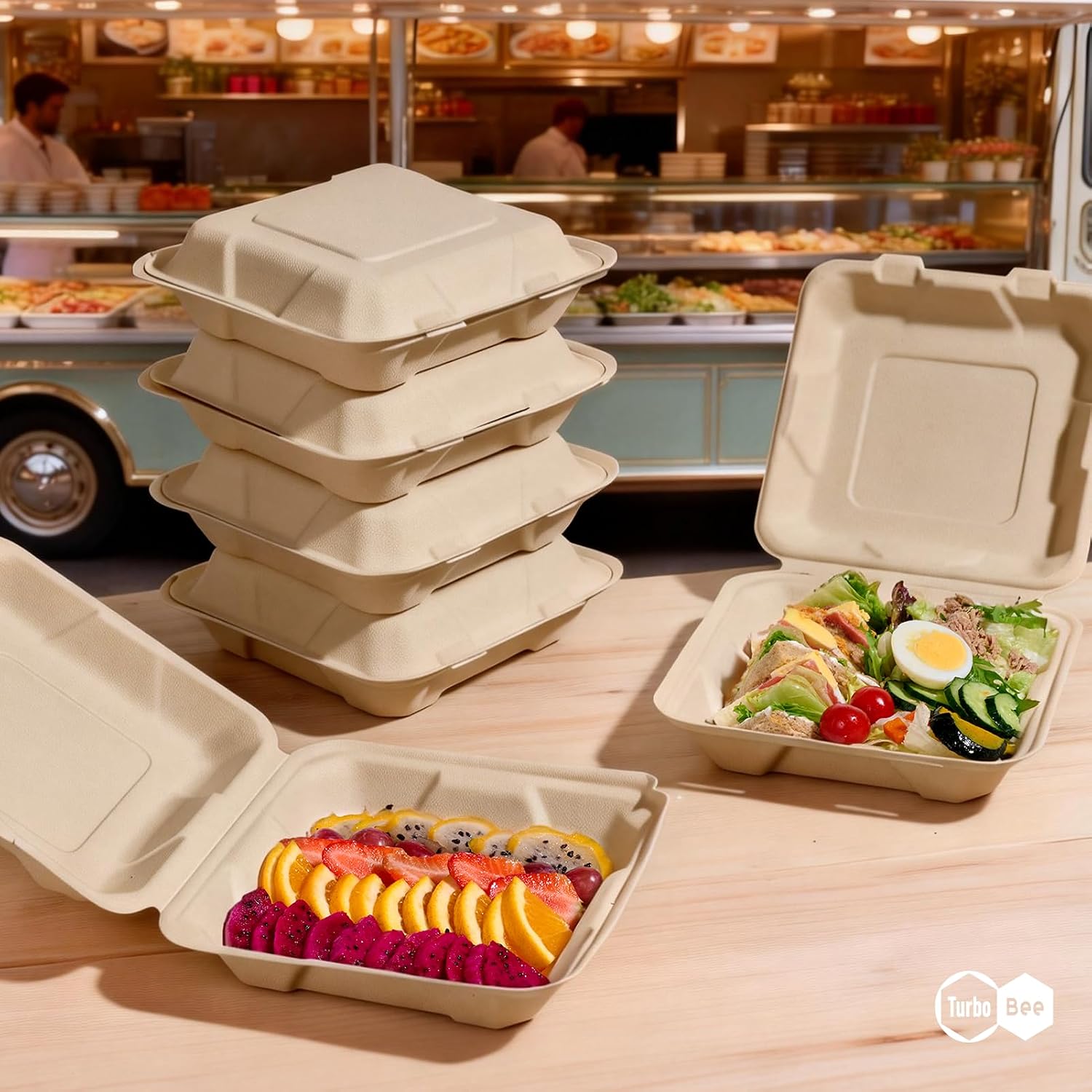 Turbo Bee 100 Pack 8x8inch Natural Take Out Containers with Lids, Large Disposable Clamshell Food Containers for Full Meals, Food Truck, BBQ, Catering & Meal Prep Natural