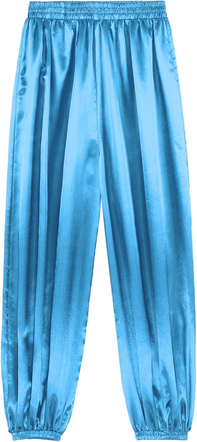 iiniim Womens Belly Dance Pants Elastic Waistband Satin Harem Pants Dancing Tribal Harem Pants Latern Bloomers Pants