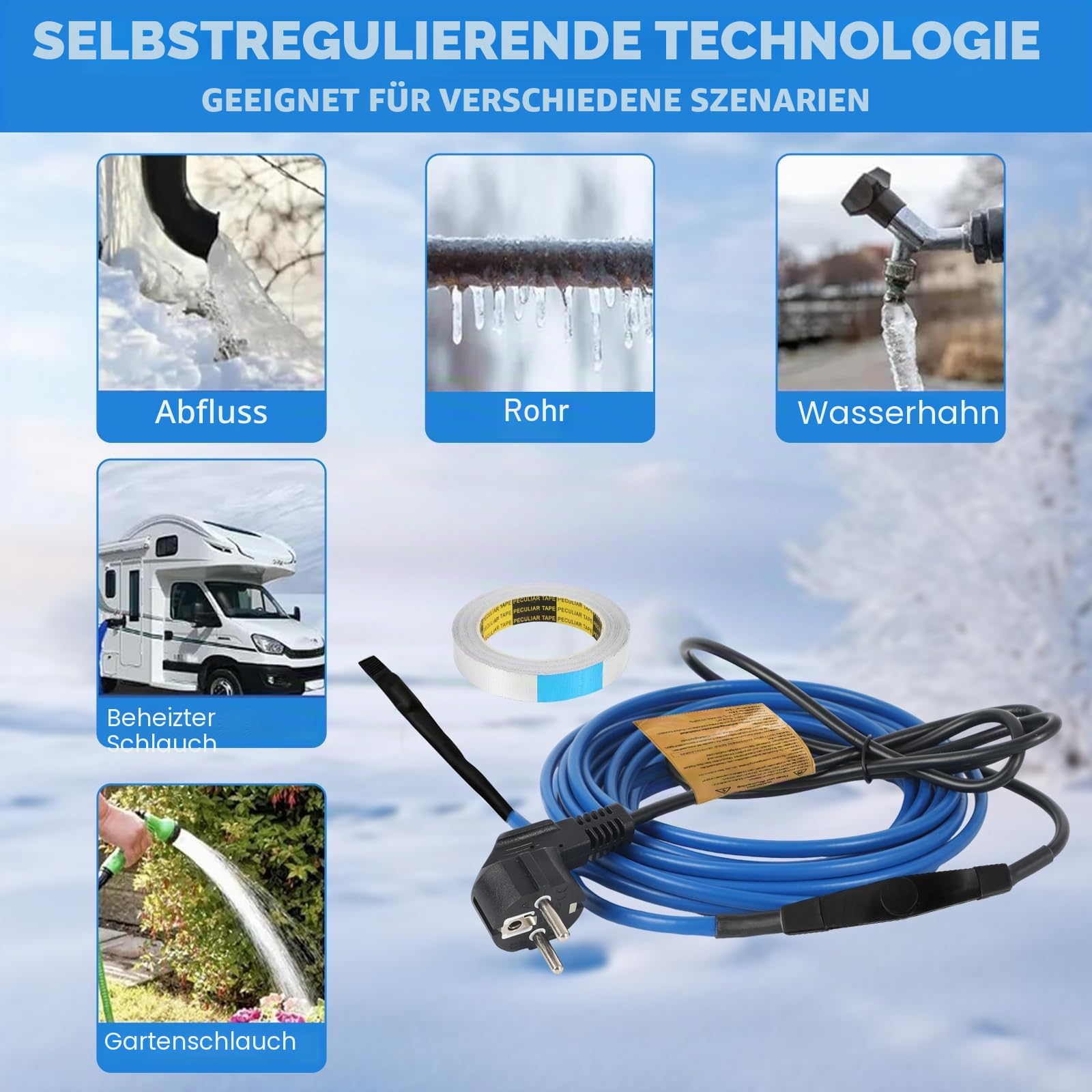 7.6M Frostschutz Heizkabel, 25W/M Selbstregulierendes Heizkabel mit Thermostat, Frostschutz, Wasserdicht Begleitheizung Heizkabel für Wasserleitung, Dachrinnen, Pflanzen, Weidetrögen, 230V IP67
