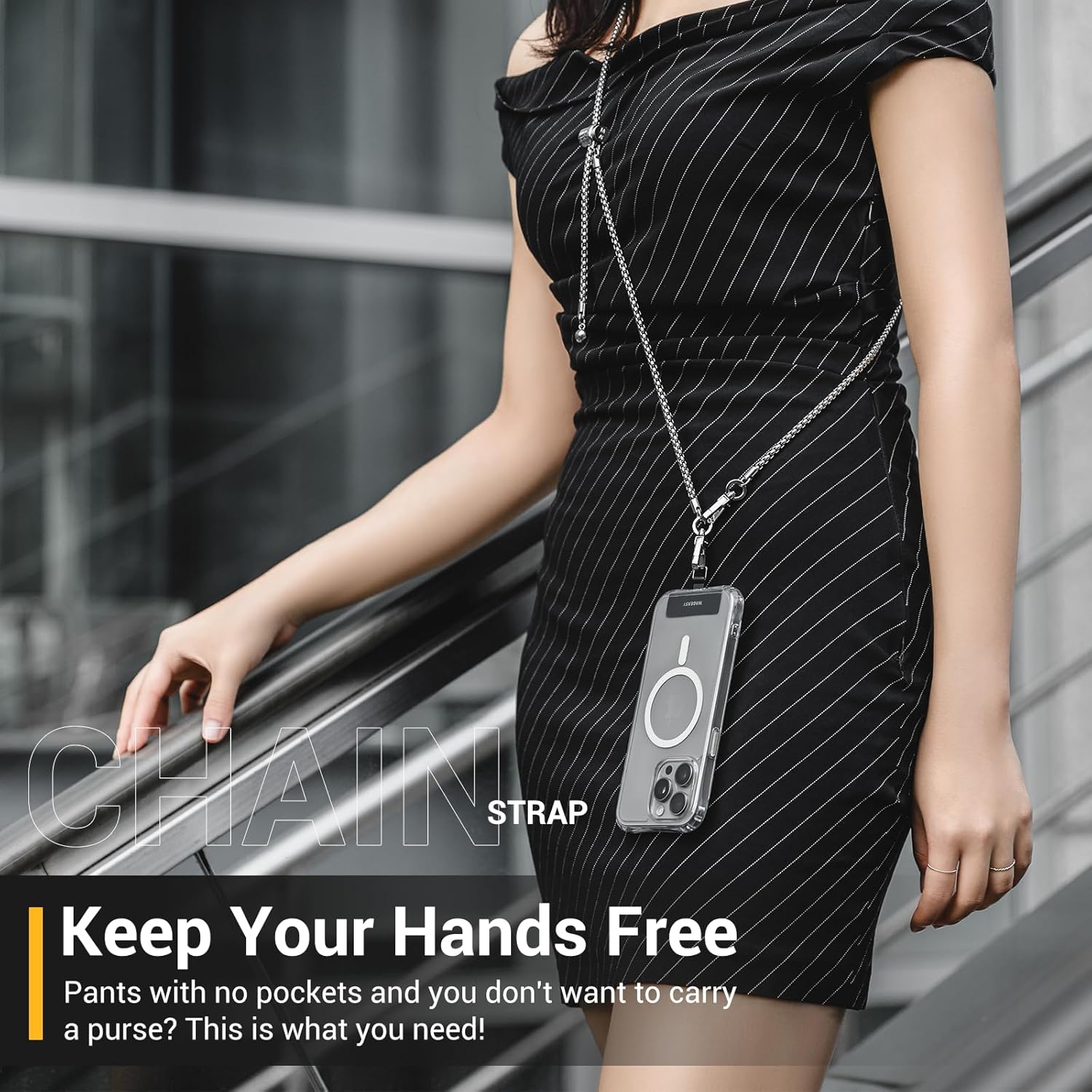 MAGEASY Crossbody Phone Chain Strap - Universal Metal Crossbody Phone Lanyard With Adjustable Length, Chic Cell Phone Necklace Phone Strap for iPhone & Android Phones - Classic Gold Metal