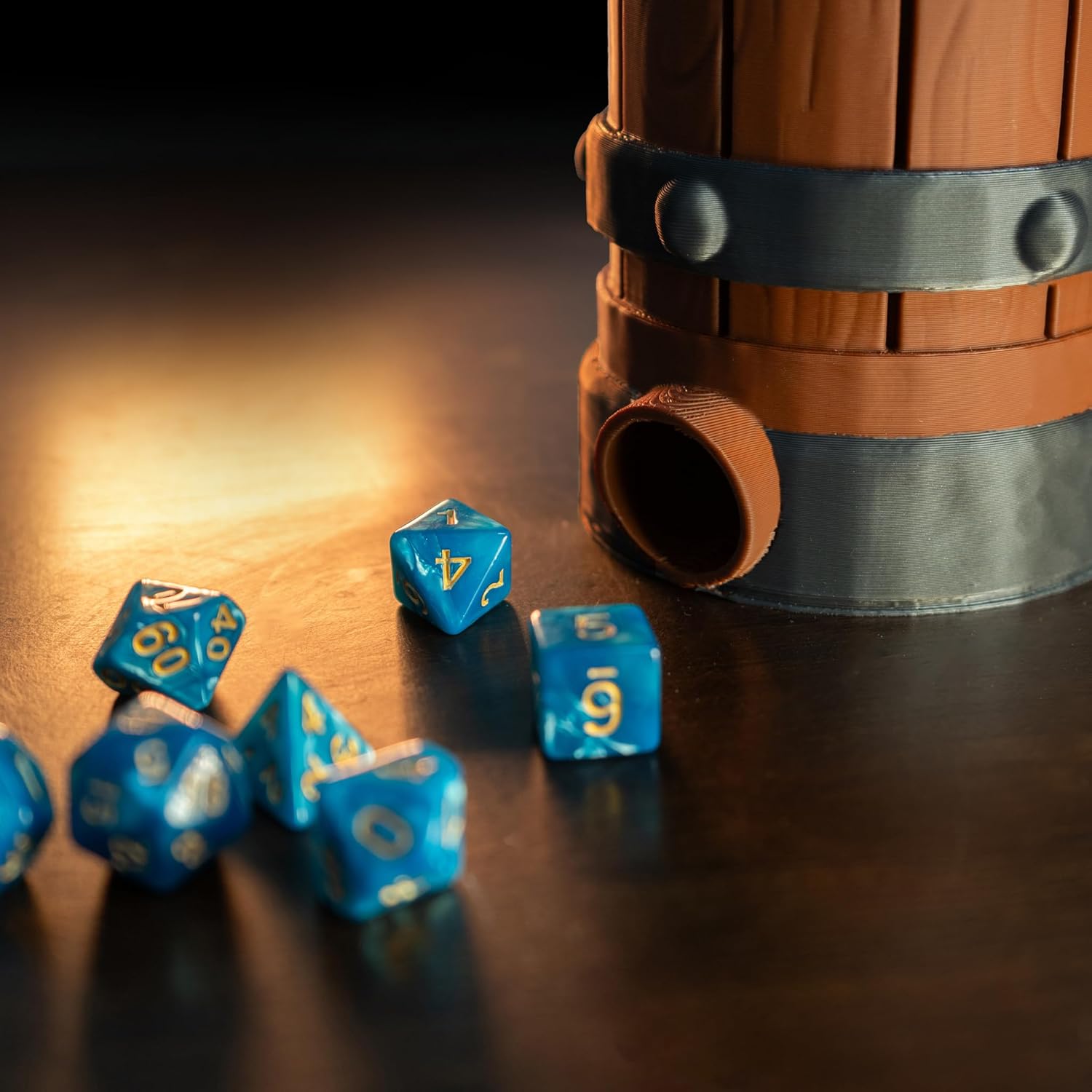 Mug Dice Tower - Dice Rolling Tower, for DND and Tabletop Games, Drink Holder, Tavern Style Board Game Roller, Comes with Random Polyhedral dice, Brown / Grey, BGRS02