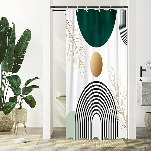 Miniatura 2 de Aipon Cortina de ducha verde de mediados de siglo para baño, cortina de ducha abstracta bohemia de tela moderna impermeable para baño con 12 ganchos
