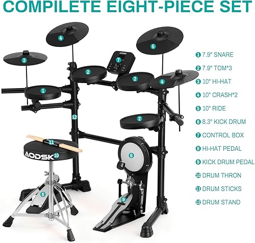 Miniatura 12 de AODSK Batería eléctrica para niños principiantes con 150 sonidos, 4 almohadillas silenciosas, 2 pedales, trono, palos, batería electrónica