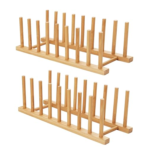 HBlife 2pcs Bamboo Dish Plate Bowl Cup Book Pot Lid Cutting Board Drying Rack Stand Drainer Storage Holder Organizer Kitchen Cabinet(Keep Dry) - Bamboo 8 Slots 2pcs