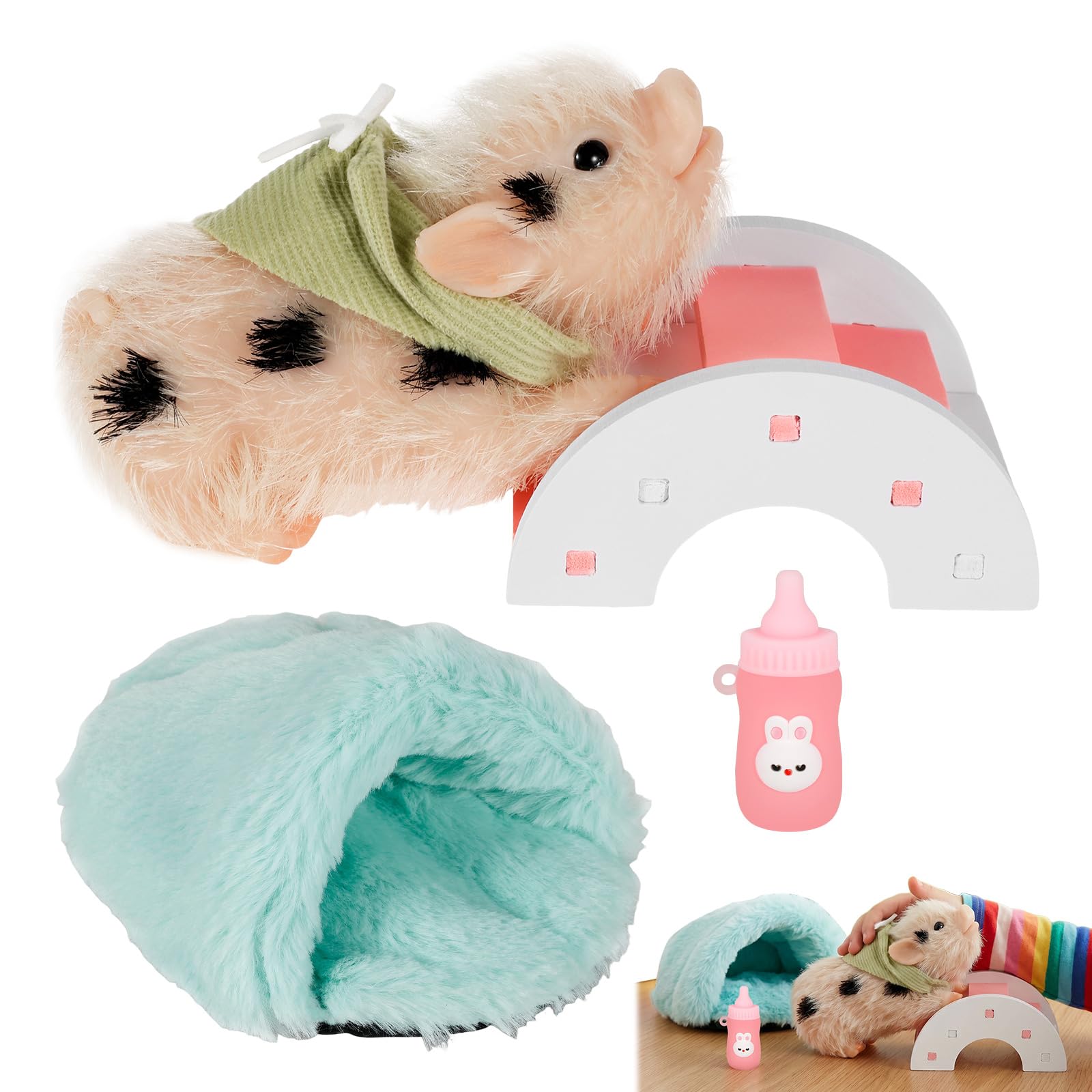 Ghshanog Silicone Pig Doll Toy, 13.5cm Cute Reborn Animal with Nest & Feeding Bottle, Soft Lifelike Piggy Toys, Portable Collectible Gift for Kids Boys Girls Home Décor(Style 2)