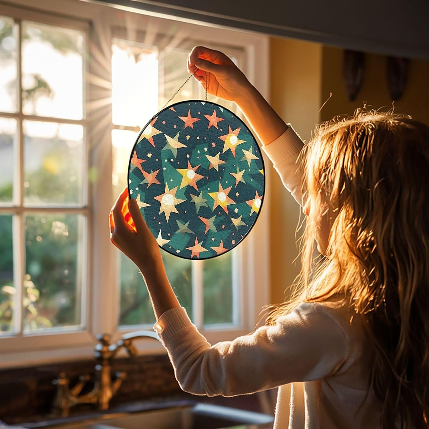 Stained Glass Window Hanging 10in Window Suncatcher Glass Panel with Metal Chain Atomic Stars Retro Pattern Print Sun Catchers Wall Art Home Decor Gift for Women Mother's Day