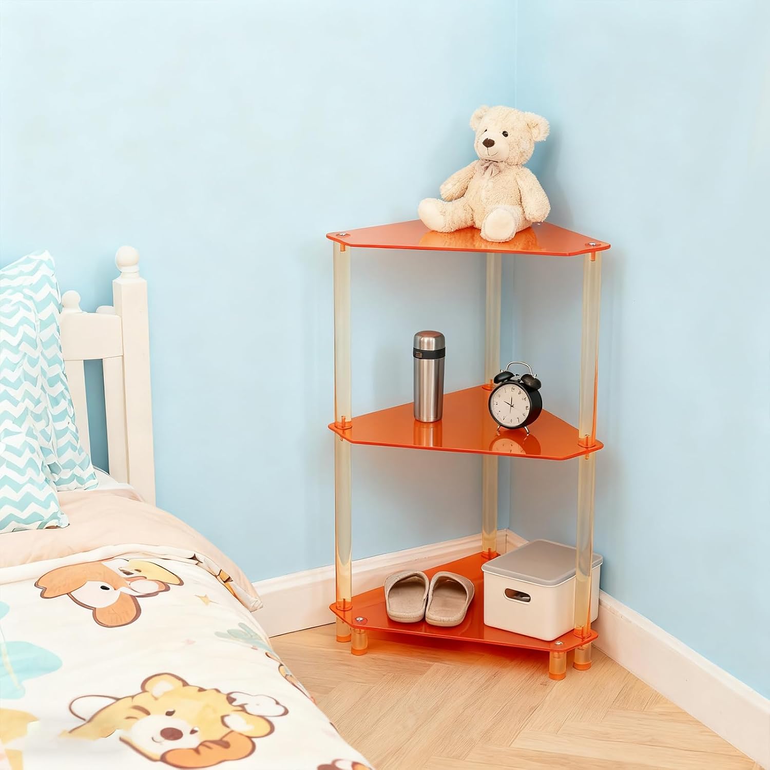Acrylic Corner Side Table, 3 Tier Triangle Side Table, 11.8" L x 11.8" W x 26.7" H, Corner Shelf Stand End Table, Small Corner Table for Living Room, Corner Display Rack Storage Shelf (Orange)