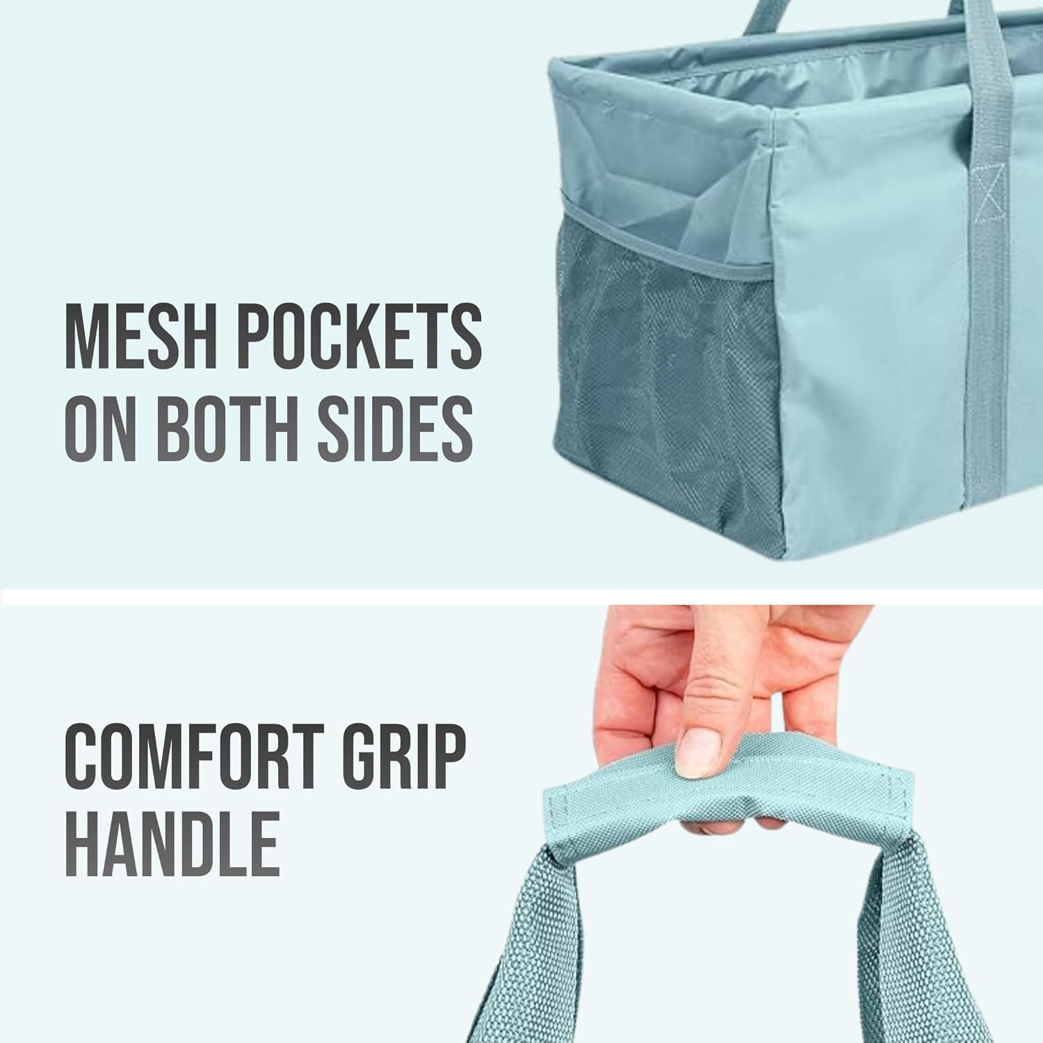 Extra Large Utility Tote Bag - Oversized Collapsible Reusable Wire Frame Rectangular Canvas Basket With Two Exterior Pockets For Beach, Pool, Laundry, Car Trunk, Storage - Light Blue