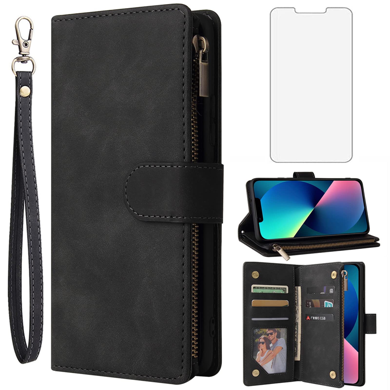 Asuwish Compatible with iPhone 13 6.1 inch Wallet Case Tempered Glass Screen Protector and Magnetic Flip Cover Card Holder Cell Phone Cases for