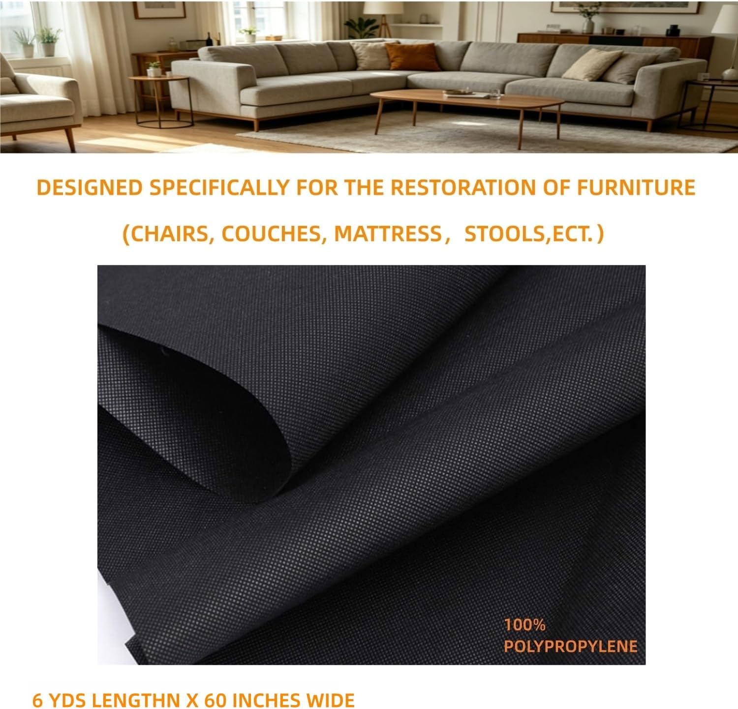 Olgamo 60 Inch x 6 Yard Upholstery Black Cambric Dust Cover Fabric Replacement for Sofas, Dining Chairs, Conceals Frame and Staples Inside Furniture, 100% Polypropylene