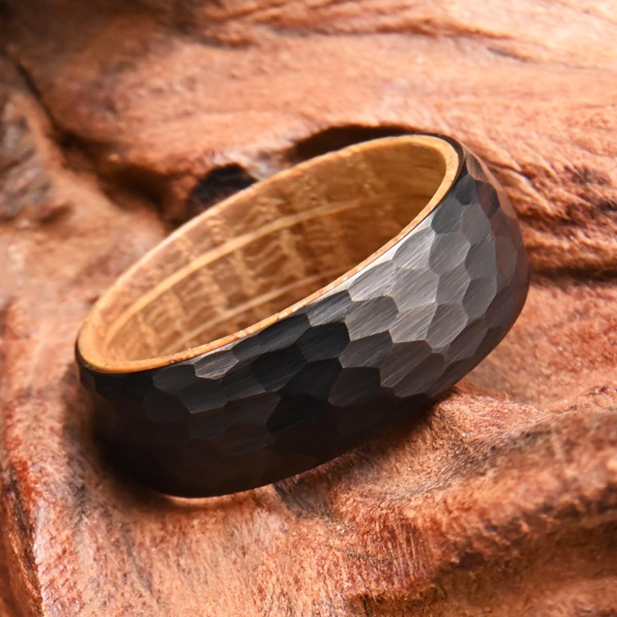 Tungsten Carbide Rings for Men Women 8mm Men's Engagement Wedding Bands Black Hammered Whiskey Barrel Wood Matte Brushed - Image 4