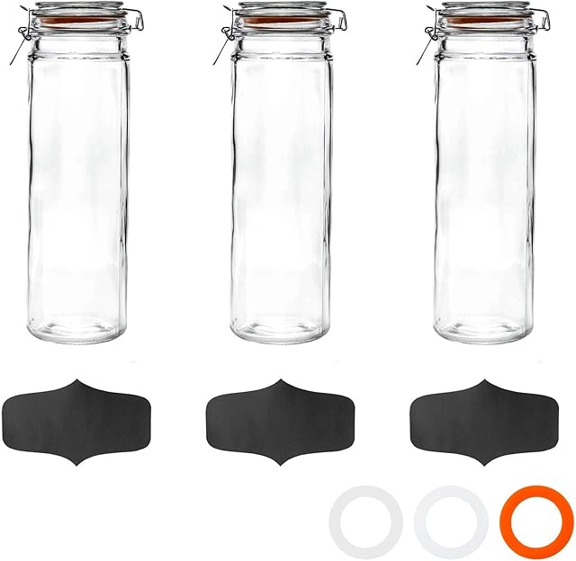 3X 2000ml (2 Litre) Clear Glass Spaghetti Jars with Chalkboard Stickers Black Airtight Silicone Seal and Metal Clip Lids - 70.3oz Empty Tall Pasta Kitchen Containers - by Argon Tableware