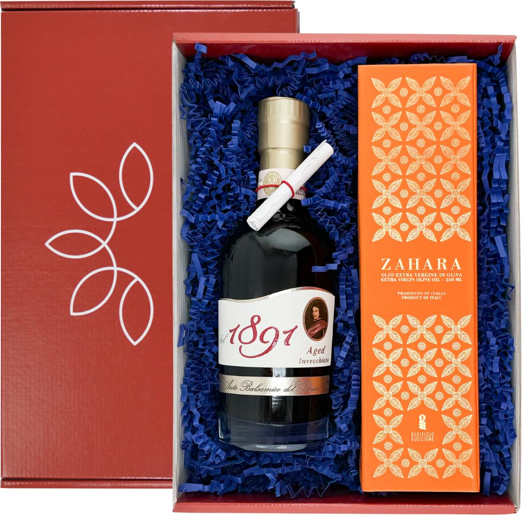 Brava Giulia Gift Box – Aged Balsamic Vinegar of Modena and Sicilian Extra Virgin Olive Oil – Imported Gourmet Italian Duo, 8.45 fl oz Each
