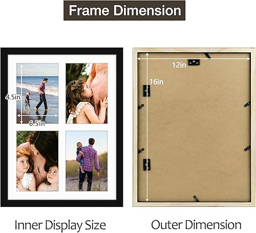 Miniatura 4 de Golden State Art, Marco de fotos de madera negra de 12 x 16 pulgadas, marco de fotos con paspartú blanco para mostrar cuatro fotos de 5 x 7