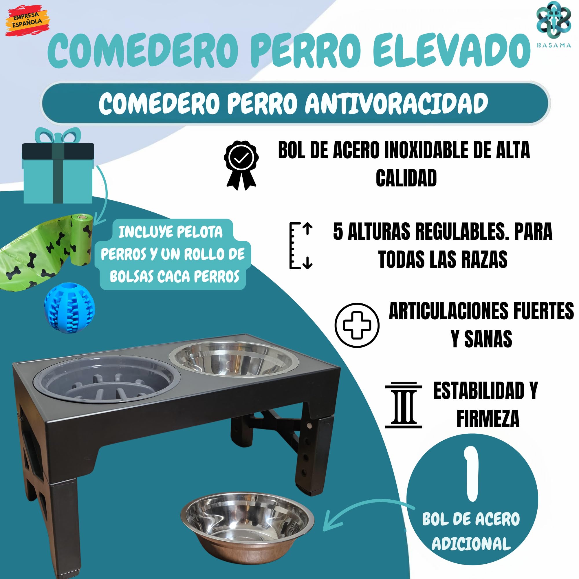 Comedero Perro Elevado 5 Alturas, con 2 Platos de Acero y 1 comedero antivoracidad Perro + 1 Pelota Perros interactiva + 1 Rollo de Bolsas para excrementos| Apto para Todas Las Razas, Edades