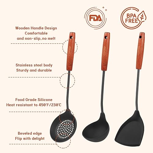 Miniatura 4 de FJNATINH Wok Tools, utensilio de wok, espátula de wok, cucharón, juego de herramientas de espumadera, utensilios de cocina de silicona