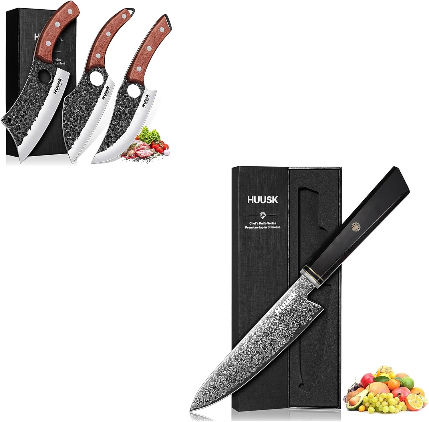 Huusk Damascus Utility Knife Bundle With Butcher Knife Set of 3
