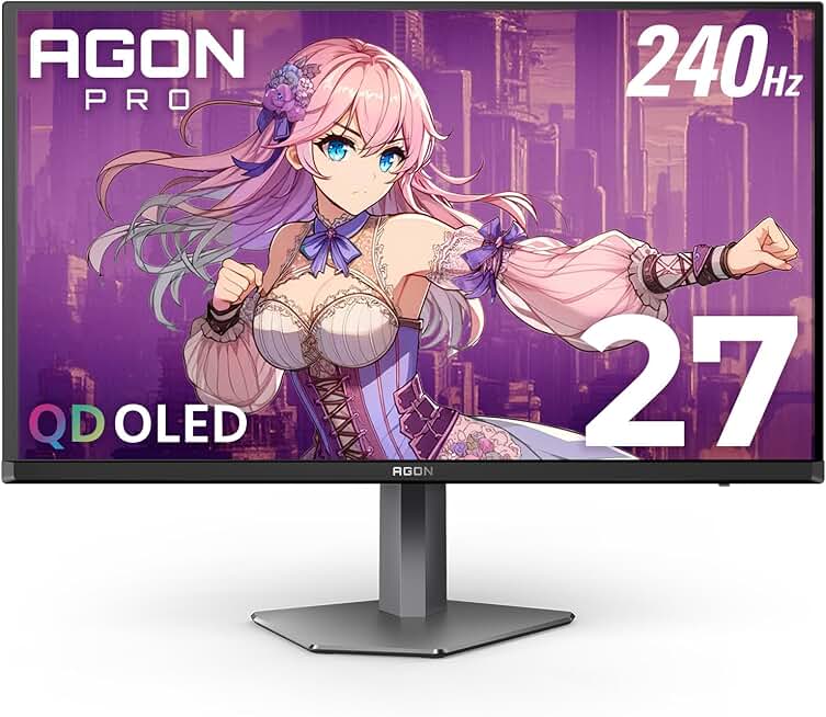 AOC Agon PRO 27" QD-OLED Gaming Monitor, QHD 2560x1440, 240Hz, 0.03ms GtG, HDR400 True Black, Adaptive Sync, Height Adjustable, DisplayPort, HDMI, USB, Built-in Speakers, AG276QZD2