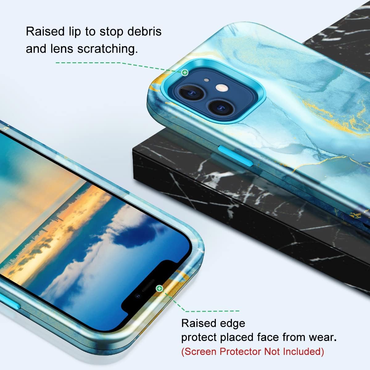 Lamcase for iPhone 12 and iPhone 12 Pro Case 6.1 Inch, Heavy Duty Hard PC Soft Rubber [Stylish Glossy Marble] Full Body Three Layer Shockproof Drop Protection Cover, Blue Marble