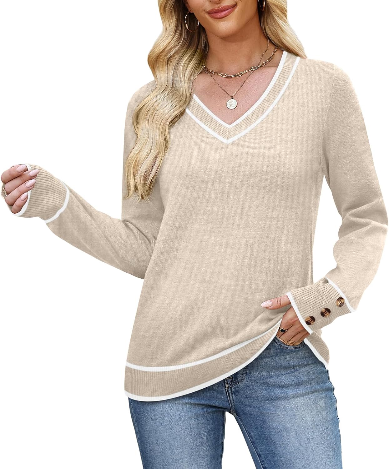 WIHOLL Lightweight Sweaters for Women Long Sleeve V Neck Knit Outfits with Decorative Buttons