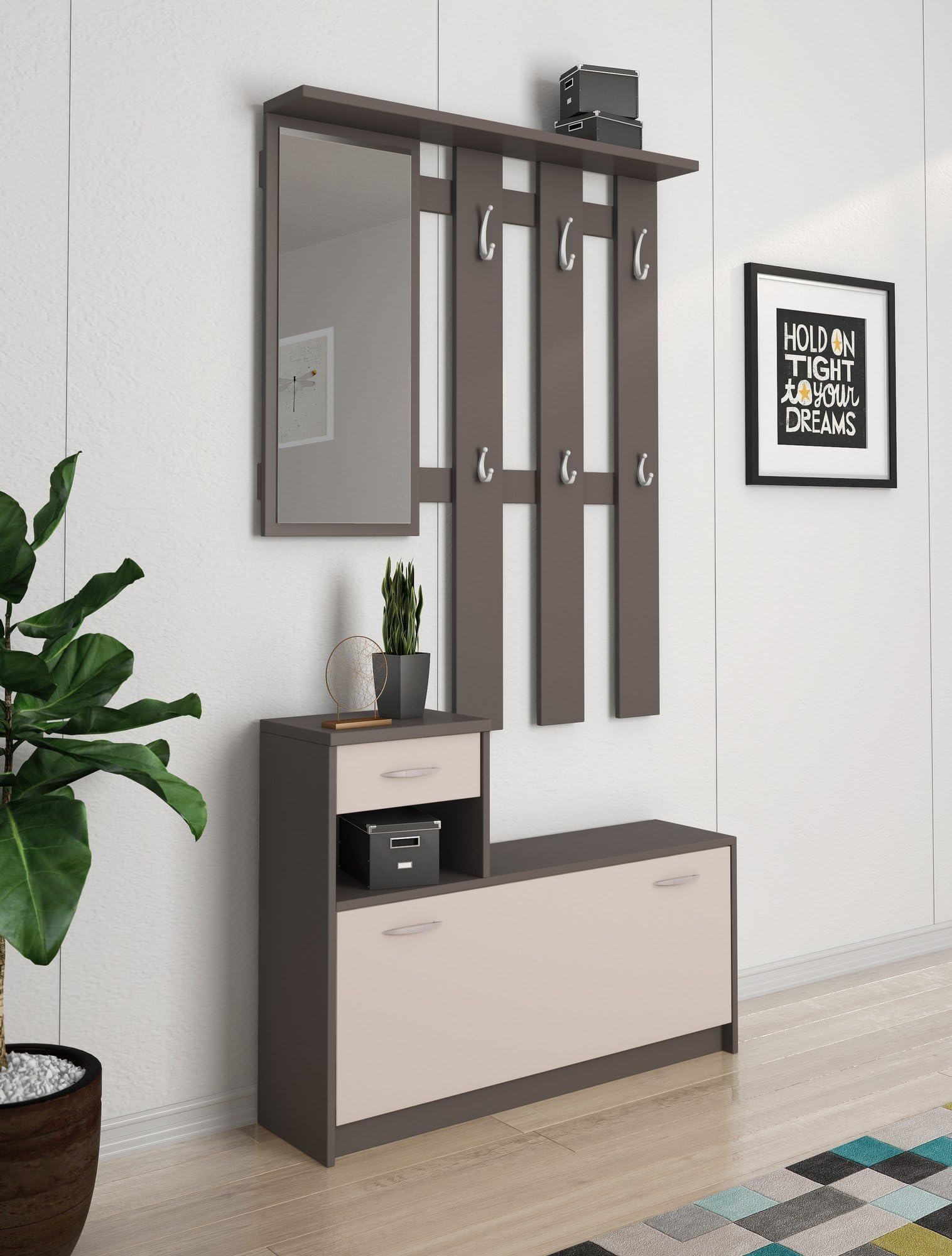 Dmora Mobile da Ingresso Sargassi 25.5x100x190h cm Beige Specchio Incluso 8 Paia, 2 Ripiani