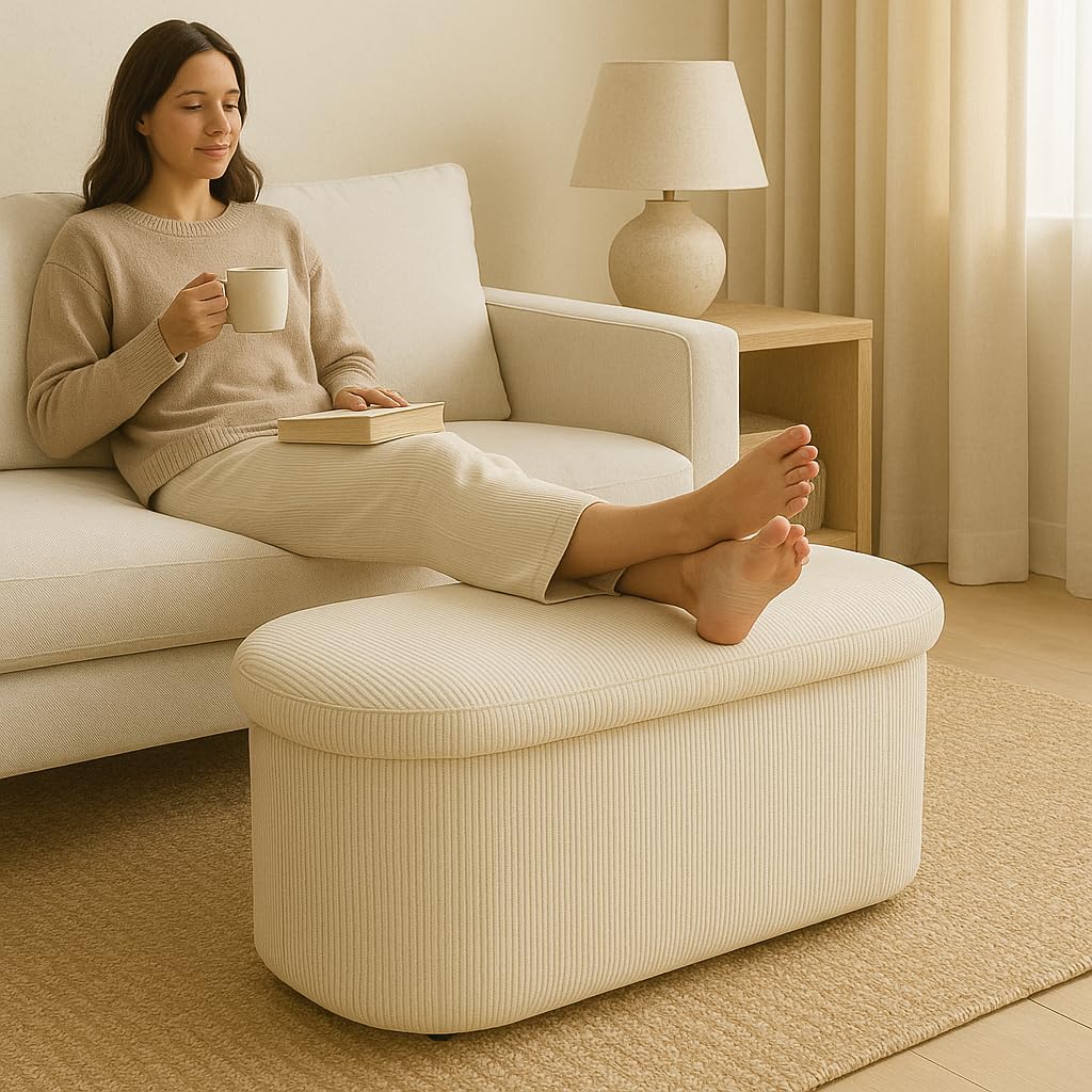 Puff Almacenaje Pana - Baul Almacenaje Dormitorio, Banco Zapatero con Asiento, Taburete Tocador, Puff Salon, Banco Recibidor, Taburete Almacenaje, Otomana, 76x38x38 cm, Blanco