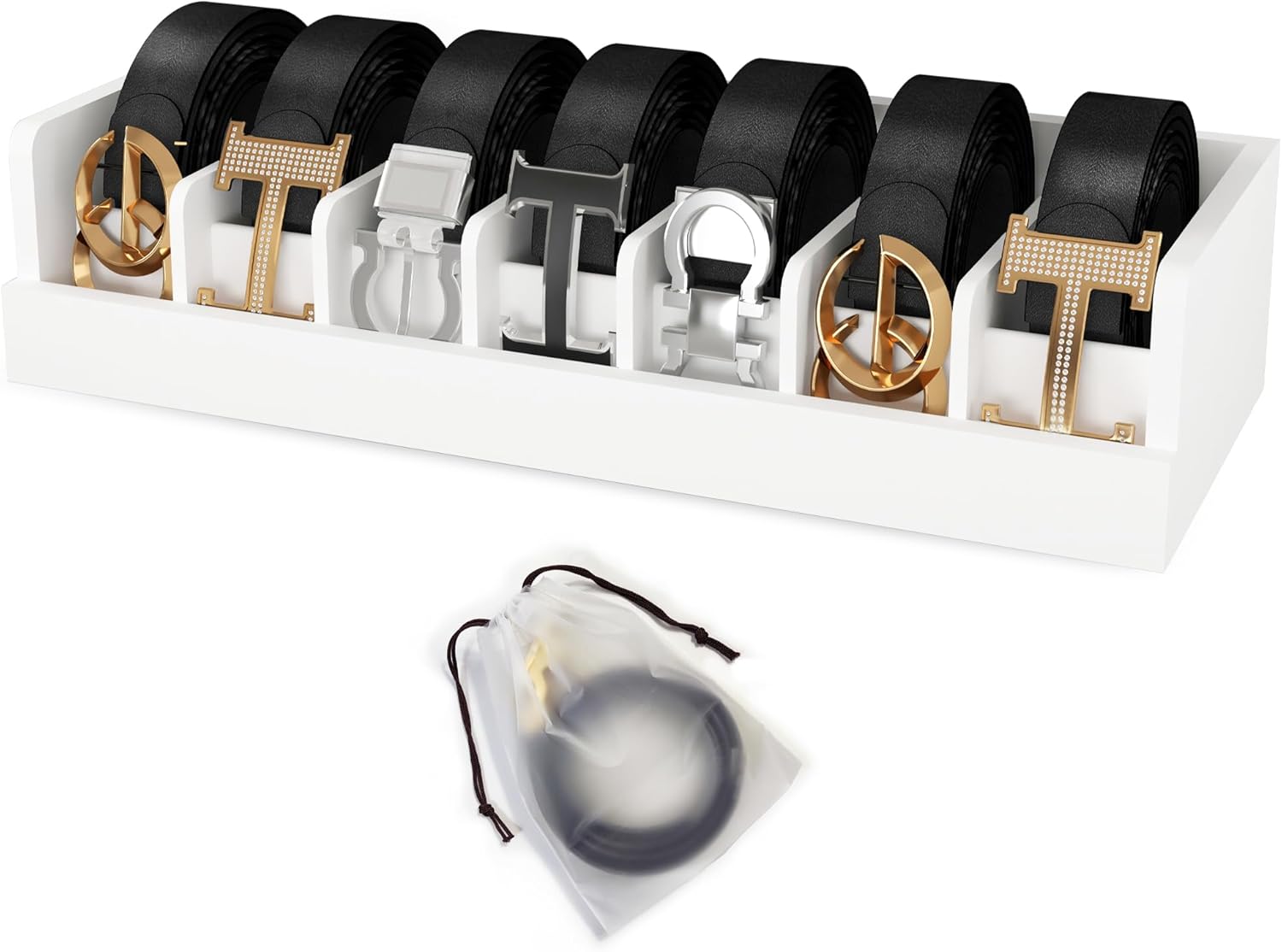 Belt Organizer for Drawer - Bamboo Belt Storage Organizer | Belt Rack for Closet Wall Mount Men Women Tie Sock Bra Scarf Ribbon(White, 7 Grids)