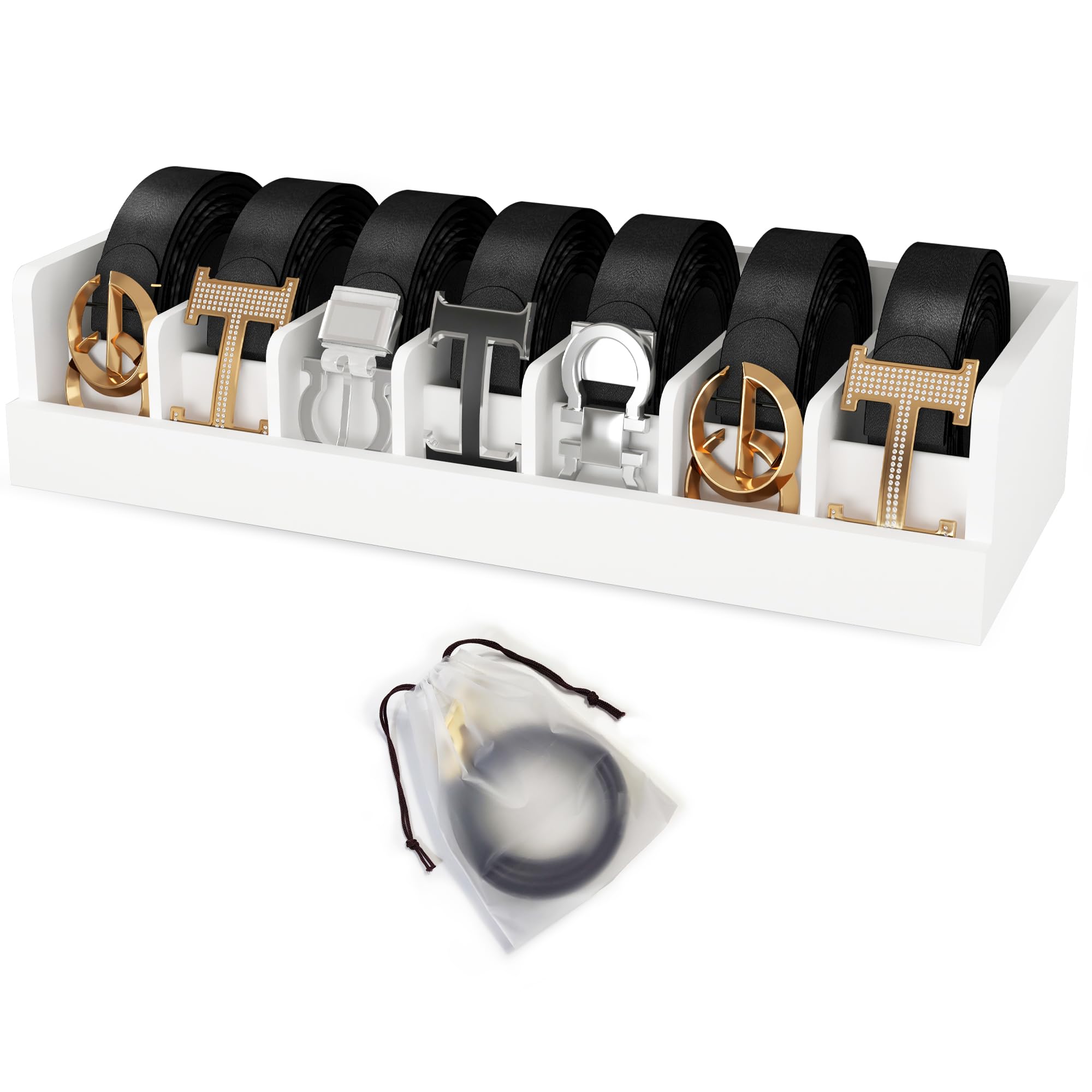 Bamboo Belt Organizer for Drawer - 7 Grids Belt Storage Organizer | Belt Rack for Closet Wall Mount Men Women Tie Sock Bra Scarf Ribbon (White)