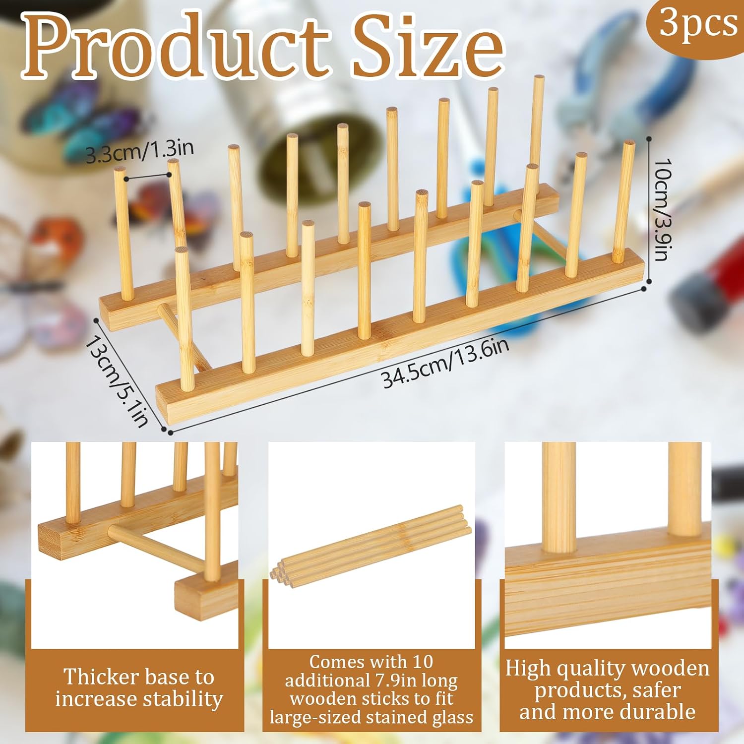 3Pack Stained Glass Organizer Bamboo Dish Plate Rack Wooden Dish Plate Stand Stained Glass Holder Space Saving Bamboo Drying Rack Baby Bottle Drying Rack, 8 Slots Organizer