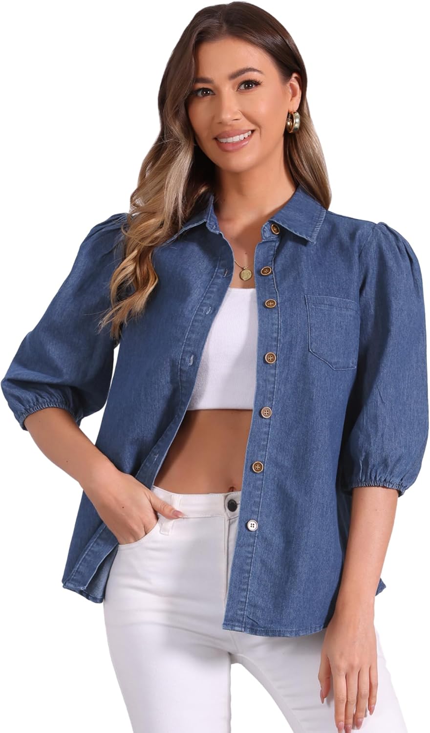 Allegra K Denim Shirt for Women's 3/4 Puff Sleeve Collar Button Down Jean Shirts