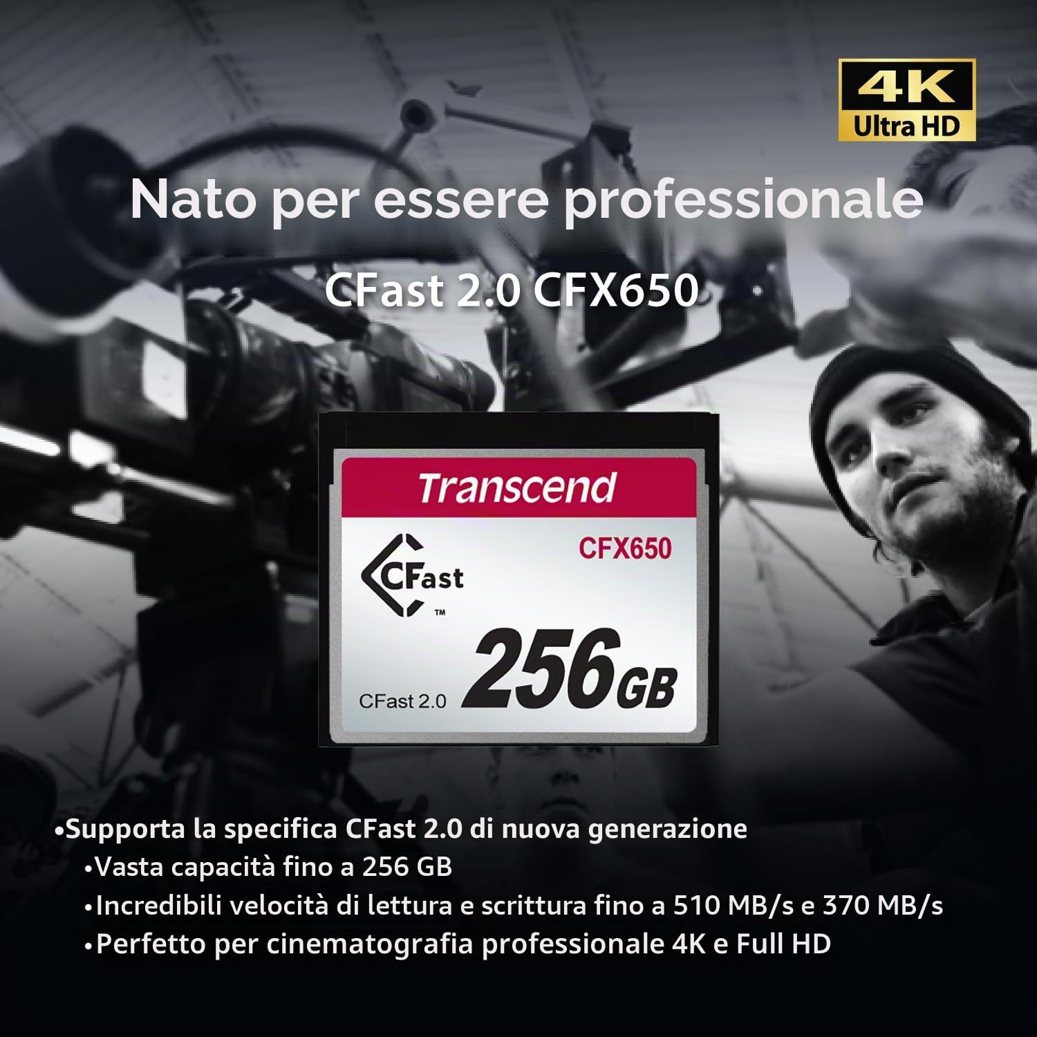 Transcend Scheda CFast 2.0 da 128 GB CFX650 SATA III 6 Gb/s, fino a 510/370 MB/s, progettata per cinematografia professionale in video ad alta risoluzione, Full HD e 4K - TS128GCFX650
