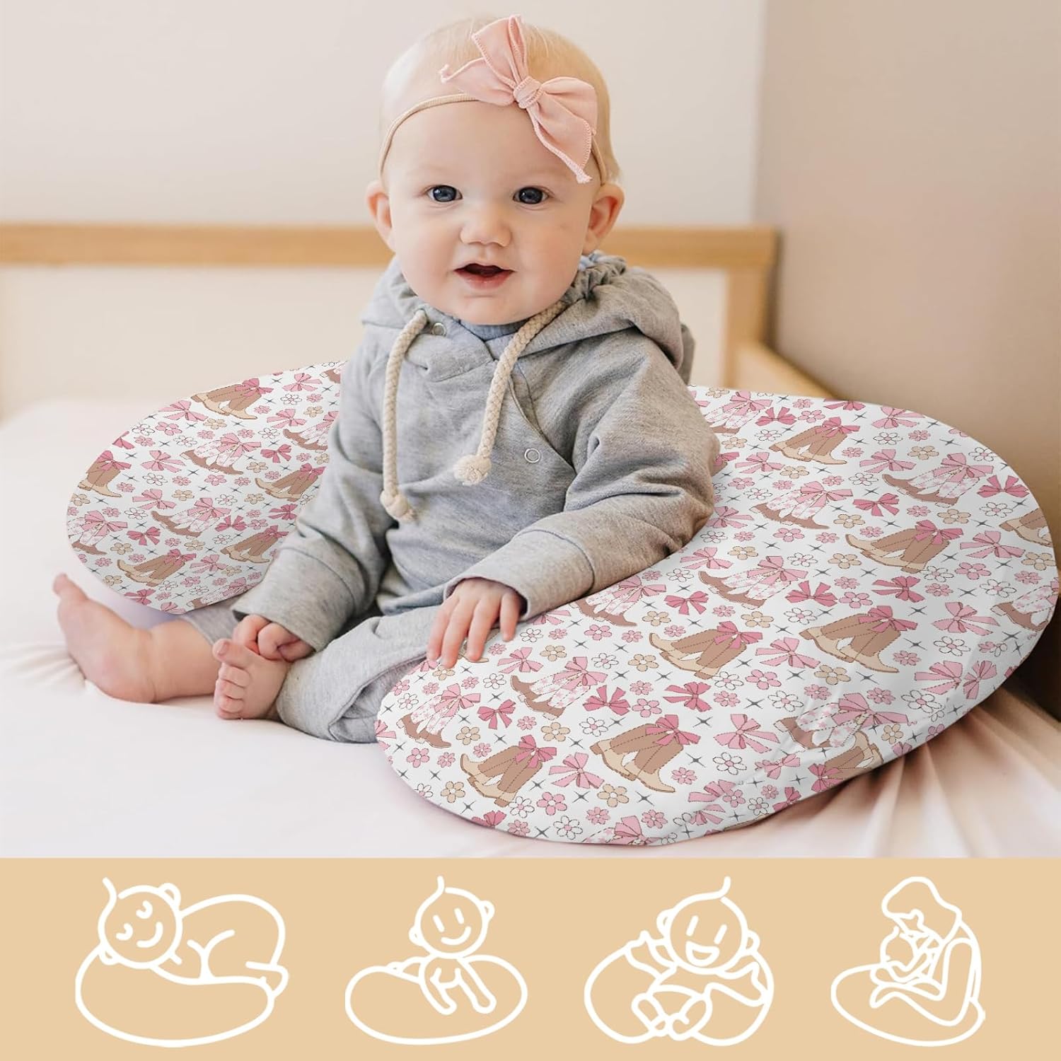 Western Cowgirl Boots Nursing Pillow Covers Vintage Cowgirl Boots Pink Bows Soft Nursing Covers for Breastfeeding West Country Desert Pillow Slipcover for Baby Girls Boys Newborn