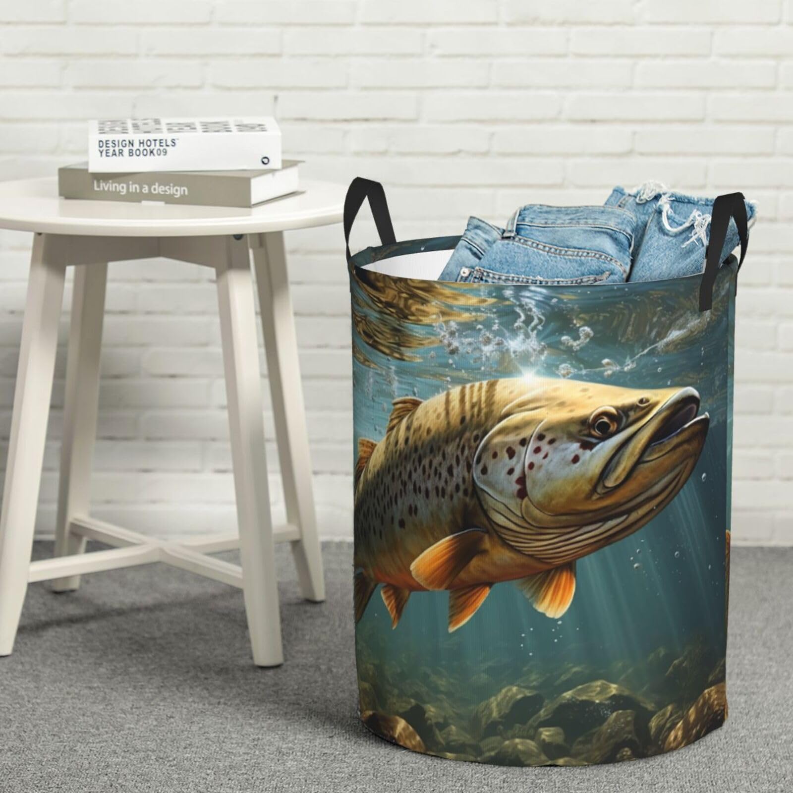 Fodpand Black Fish Laundry Basket With Handle, Freestanding Laundry Hamper, Collapsible Dirty Clothes Hamper, Waterproof Fabric Blanket Storage Basket Tall Toy Storage Bin Room Decor Medium