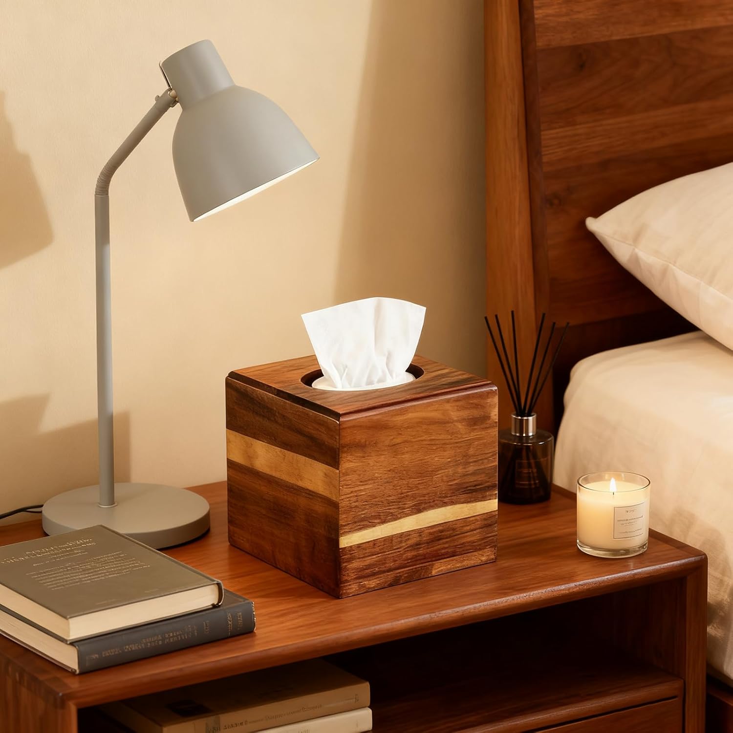 3 Pcs Wooden Tissue Box Cover Bulk, Square Acacia Wood Box Holder, Retro Color Facial Tissue Cover Holder, for Tabletop, Night Stands, Bathroom, Office, Kitchen