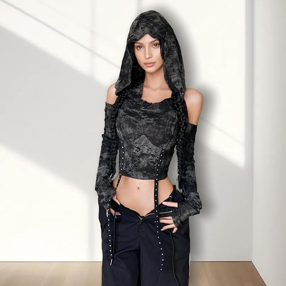 Women's Ripped Hoodie Sweater Vest Hollow Out Hooded Crop Top Knit Women's Ripped Hoodie Sweater Vest Hollow Out Hooded Crop Top Knit