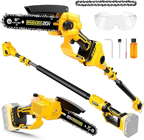 Sierra de poste inalámbrica 2 en 1 de 6 pulgadas y motosierra compatible con batería DeWALT de 20 V MAX*, motor sin escobillas, ultraligero de 7.1