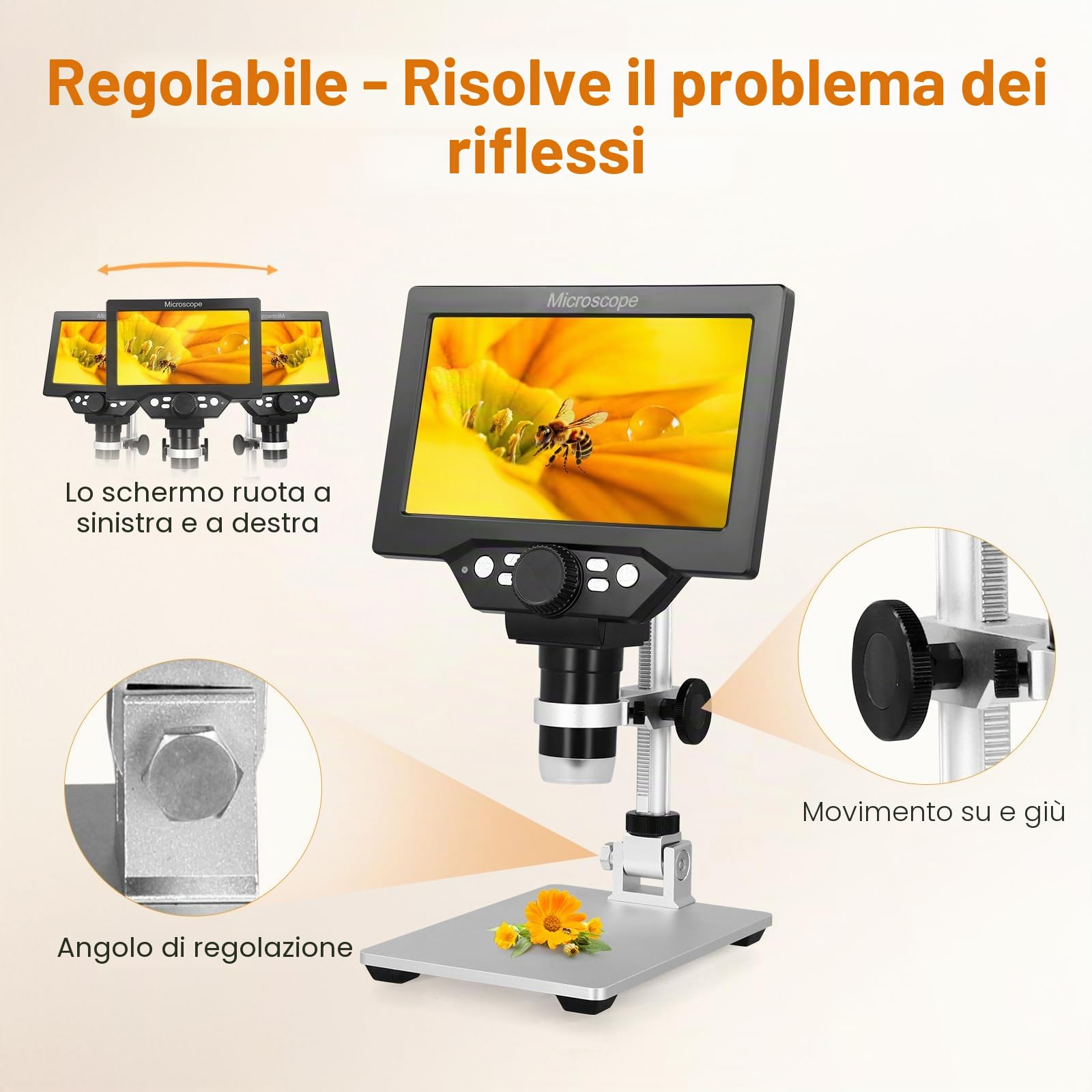 Microscopio digitale 7 pollici, G1200 LCD 3000 mAh USB, registrazione video FHD 1080P, risoluzione 1-1200X, 8 luci LED regolabili per adulti/bambini