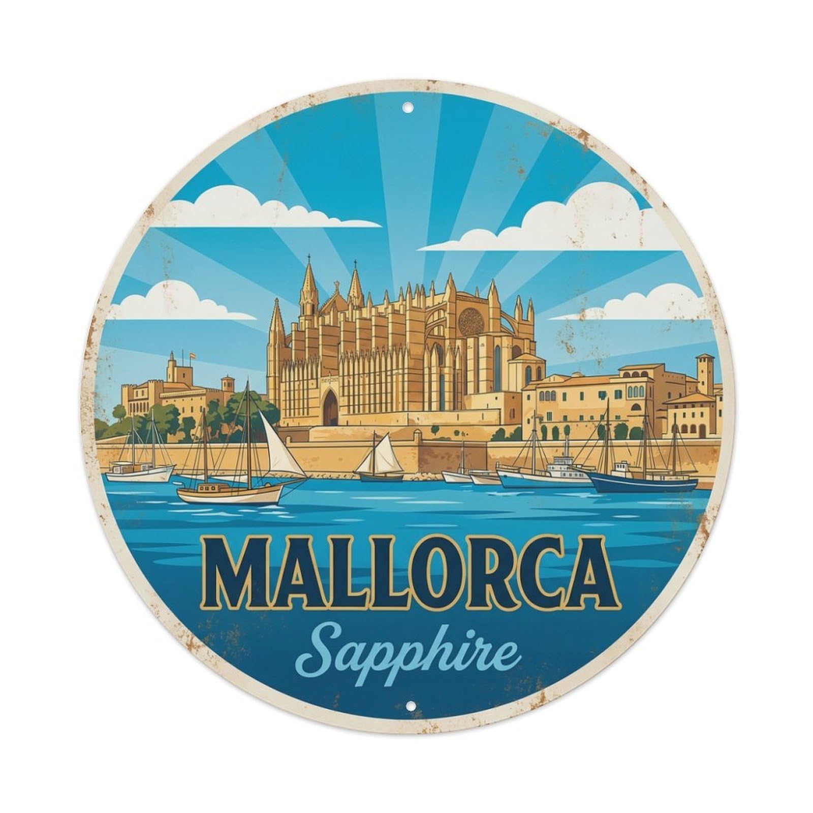 Fyrn Style Metal Tin Sign Vintage Travel Mallorca Spain Cerulean 1