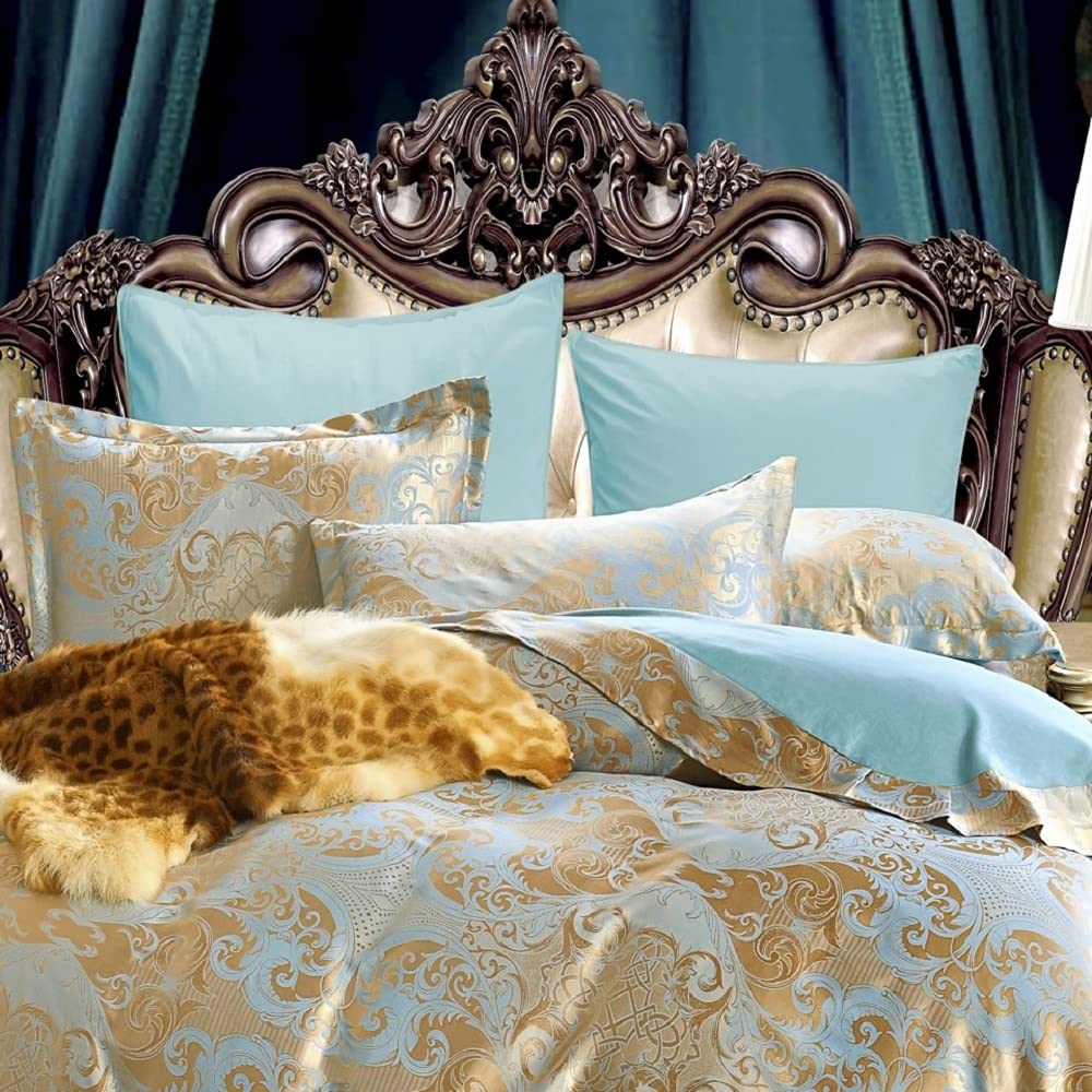 Ropa de cama de satén, 220 x 240 cm, jacquard, microfibra, color dorado, amarillo y azul, reversible, 3 piezas, 100% transpirable, agradable para los días calurosos en verano, diseño de flores